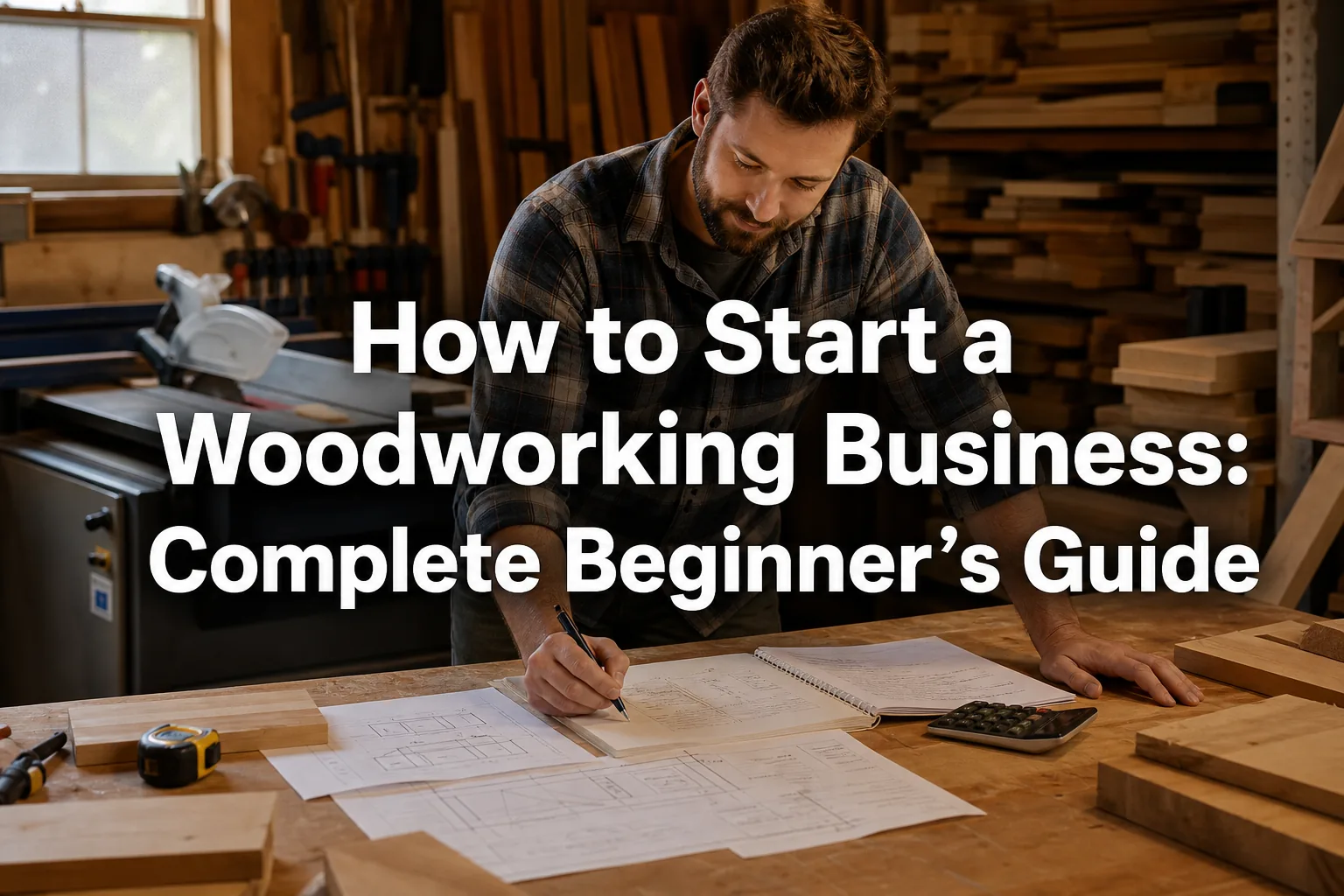 Woodworker reviewing business plans and cut lists in a home workshop