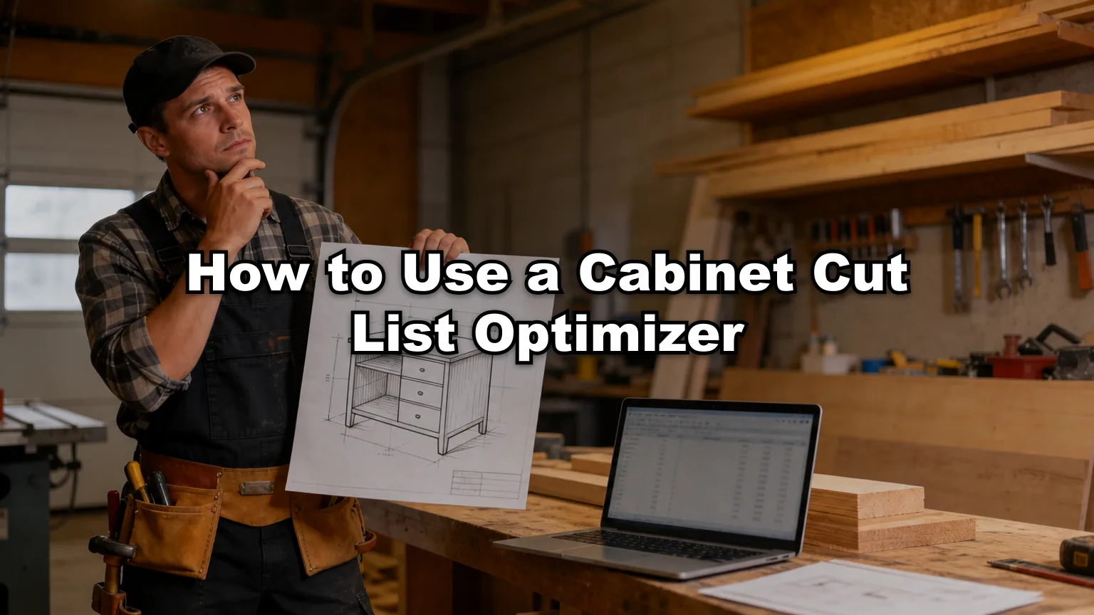 How to Use a Cabinet Cut List Optimizer cover — workshop photo with title overlay