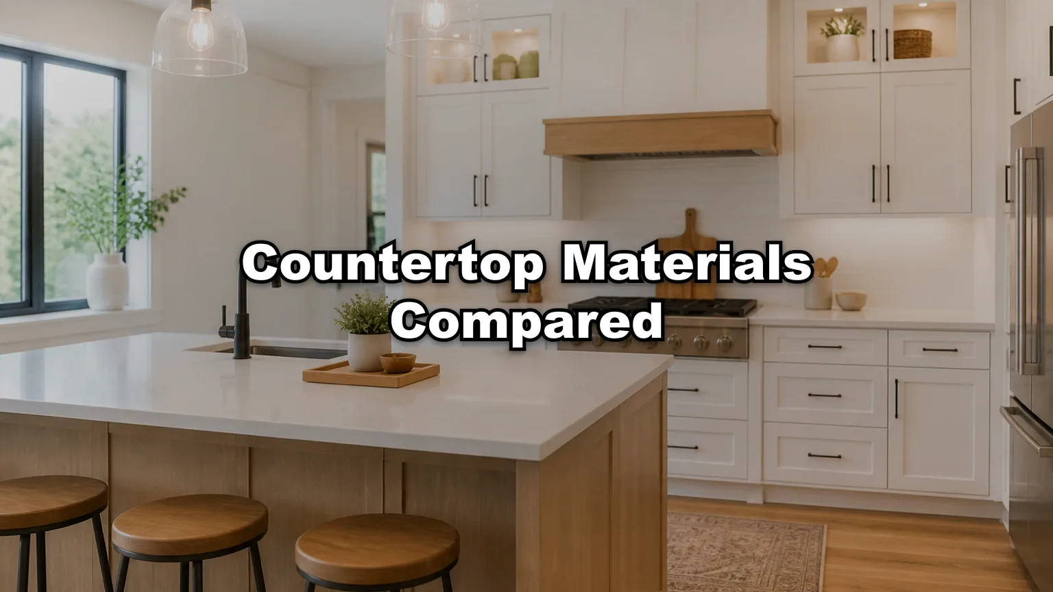 Countertop Materials Compared cover — workshop photo with title overlay