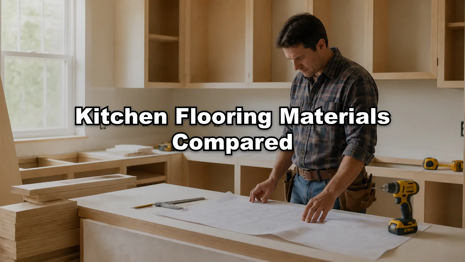 Kitchen Flooring Materials Compared cover — workshop photo with title overlay