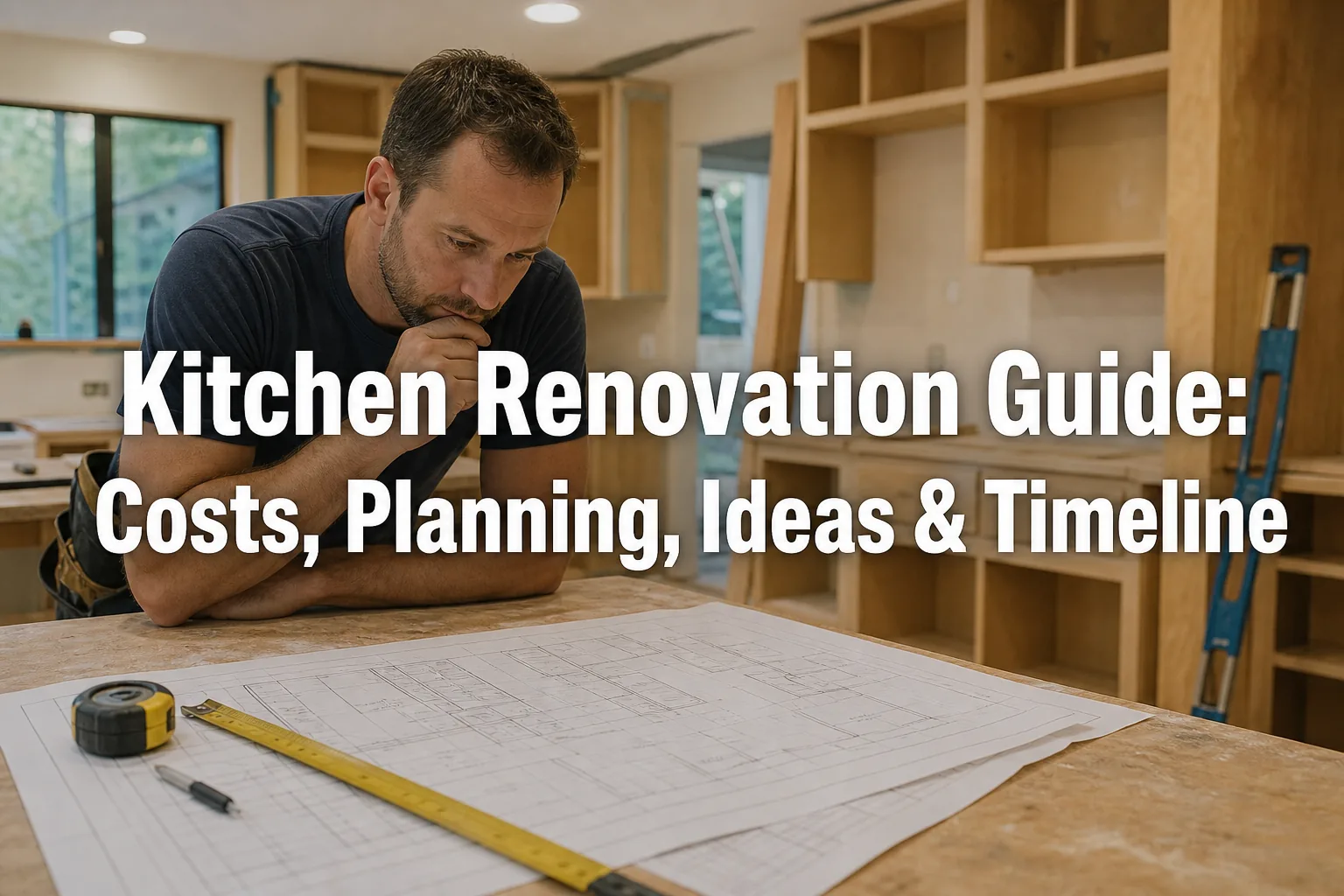 Homeowner reviewing kitchen renovation plans and cabinet measurements in a remodel-in-progress kitchen