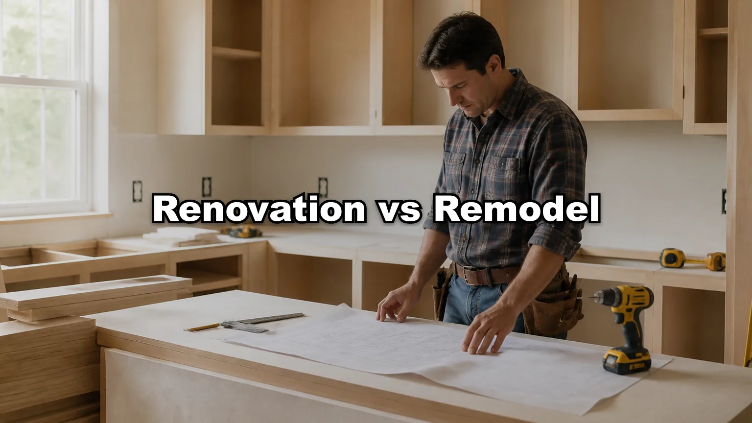 Renovation vs Remodel cover — workshop photo with title overlay