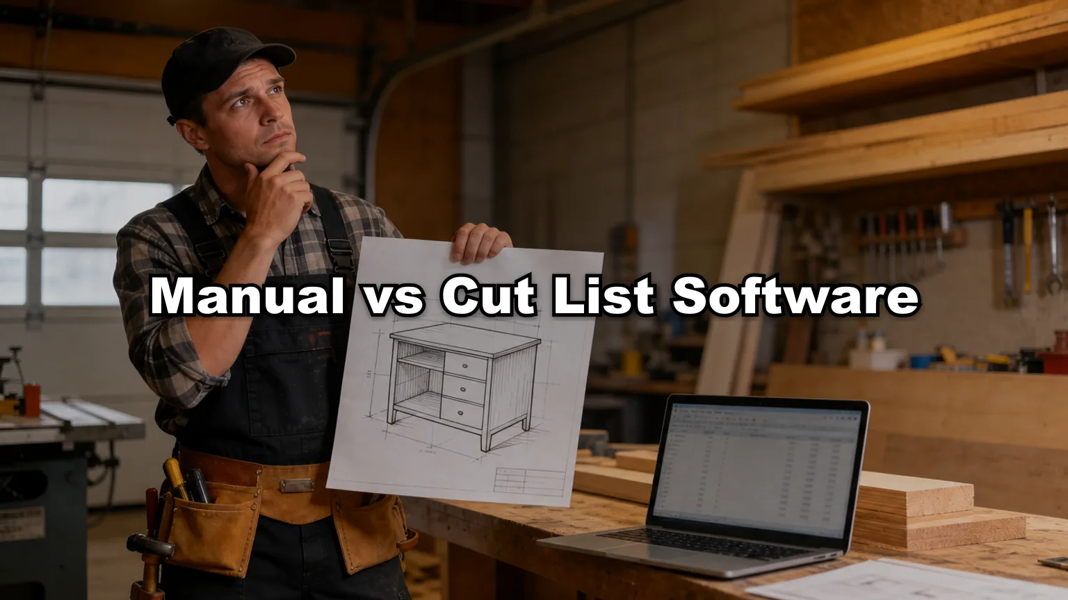 Manual vs Cut List Software cover — workshop photo with title overlay