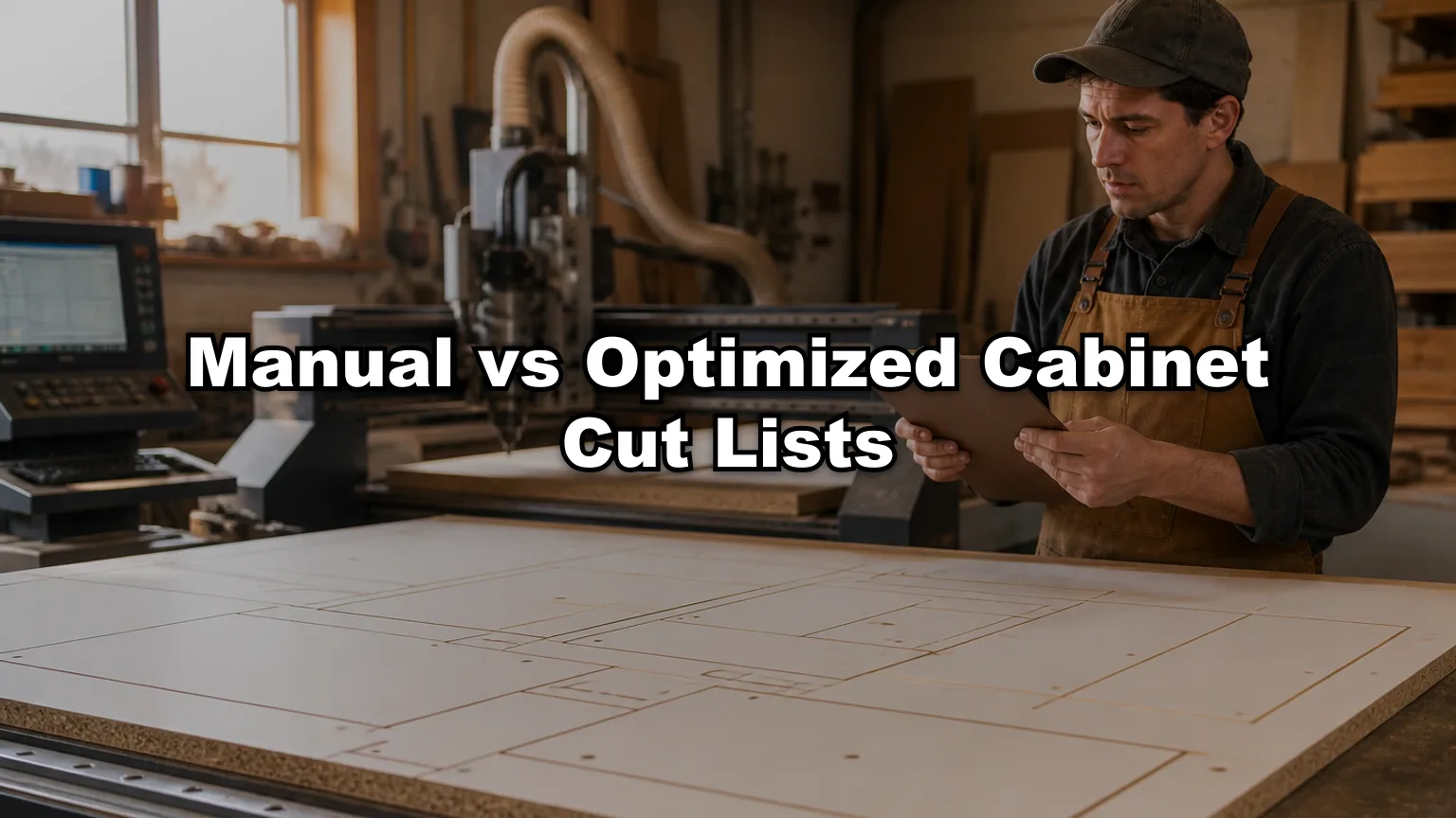 Manual vs Optimized Cabinet Cut Lists cover — workshop photo with title overlay