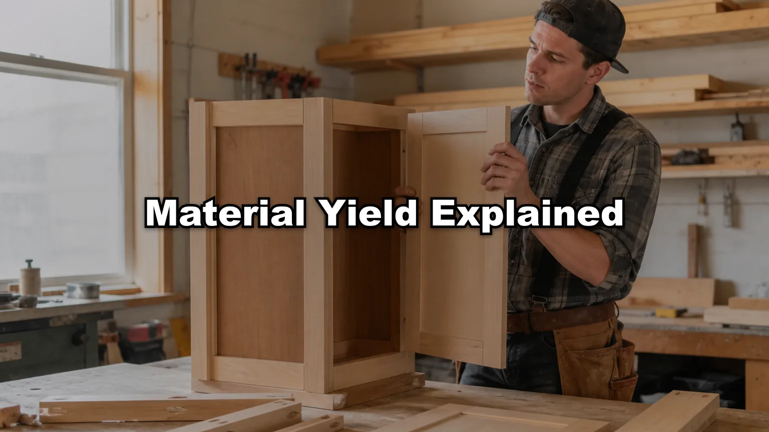 Material Yield Explained cover — workshop photo with title overlay