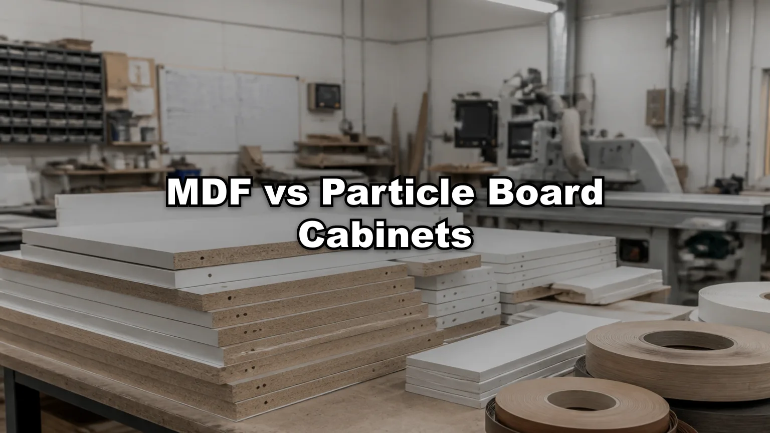 MDF vs Particle Board Cabinets cover — workshop photo with title overlay