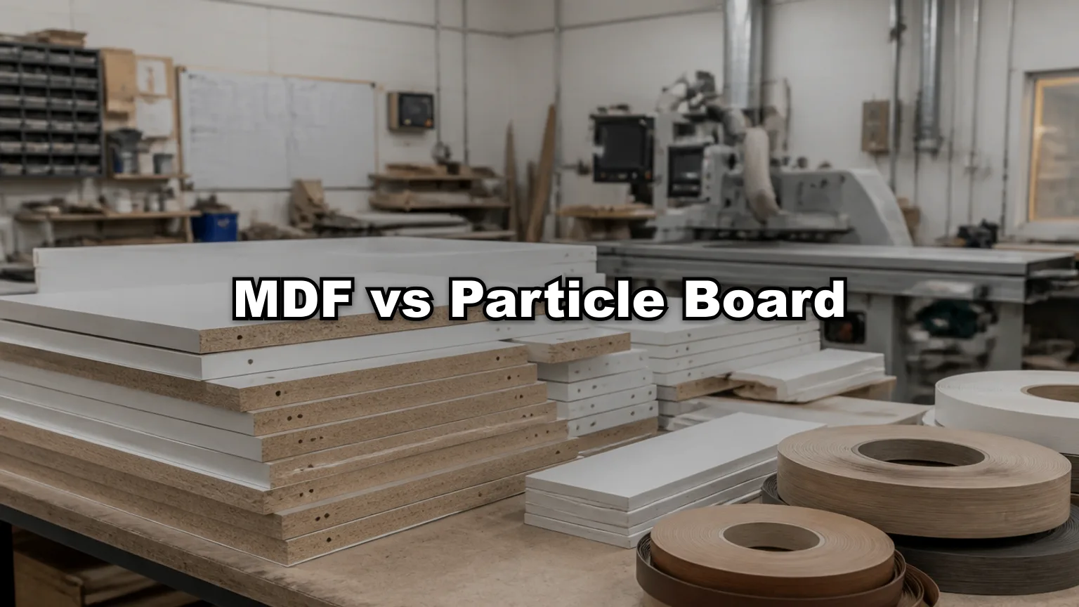 MDF vs Particle Board cover — workshop photo with title overlay