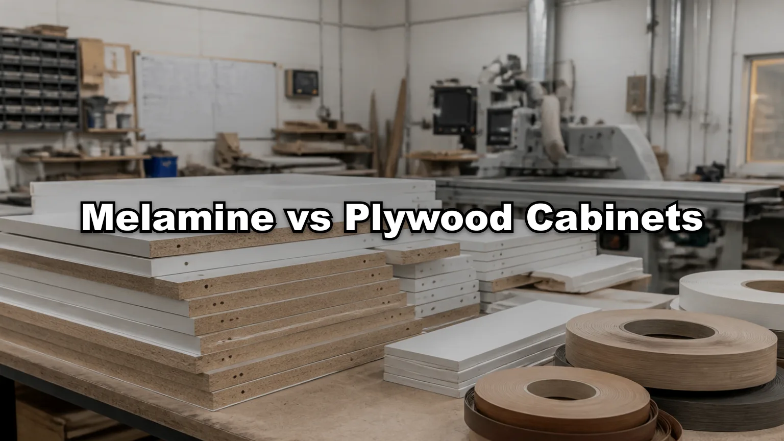 Melamine vs Plywood Cabinets cover — workshop photo with title overlay