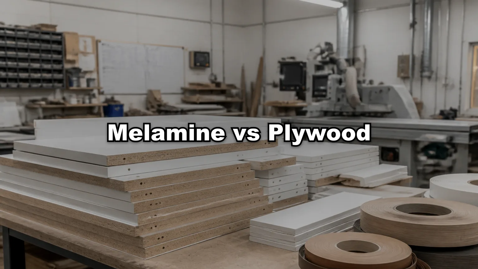 Melamine vs Plywood cover — workshop photo with title overlay