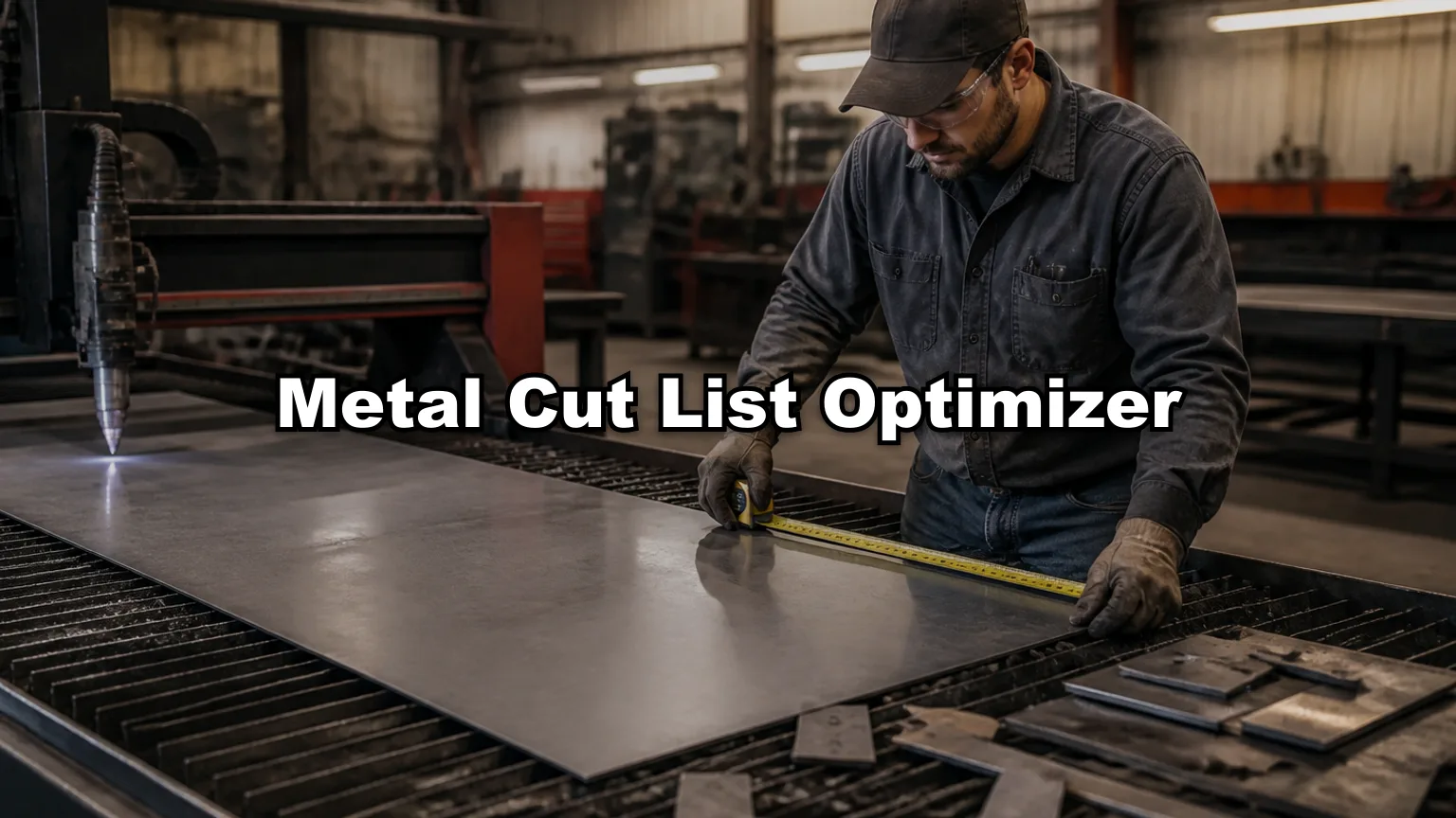 Metal Cut List Optimizer cover — workshop photo with title overlay