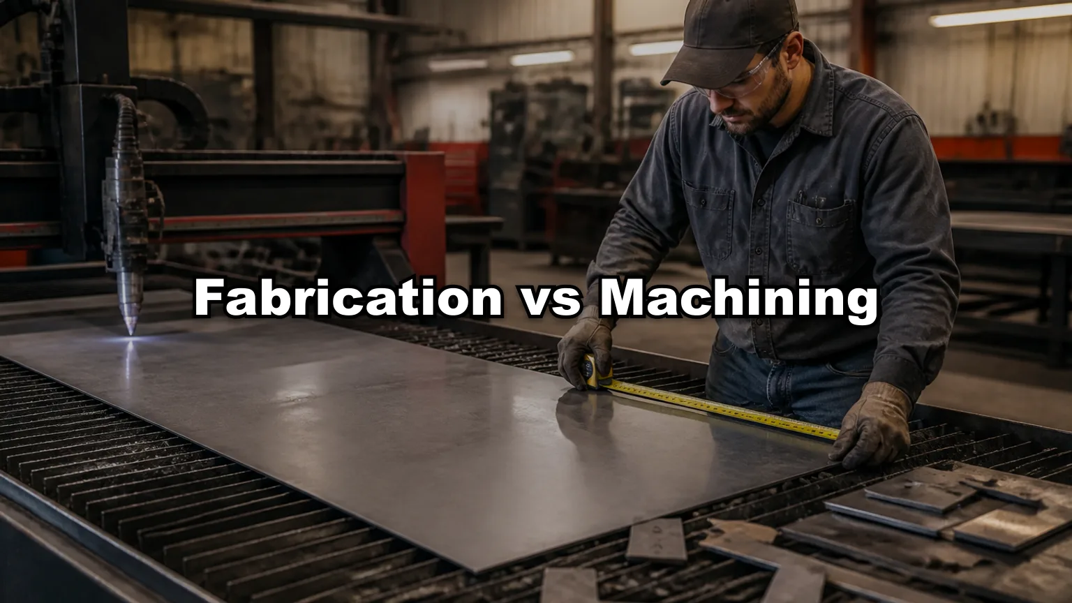 Fabrication vs Machining cover — workshop photo with title overlay