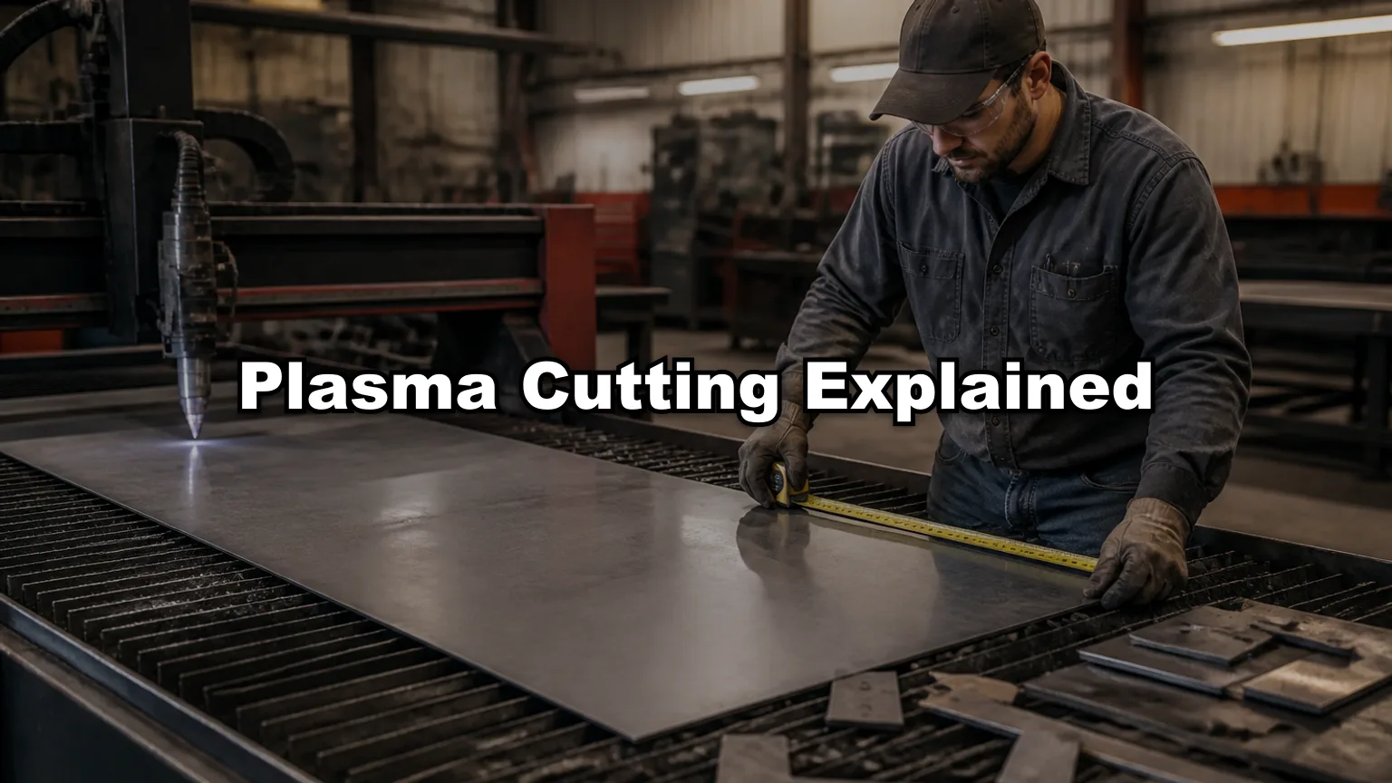 Plasma Cutting Explained cover — workshop photo with title overlay