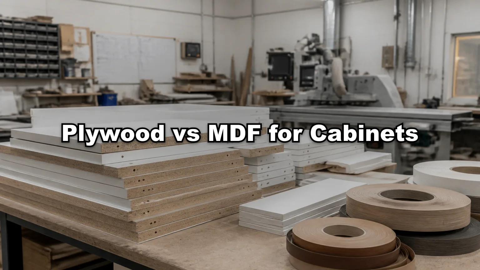 Plywood vs MDF for Cabinets cover — workshop photo with title overlay