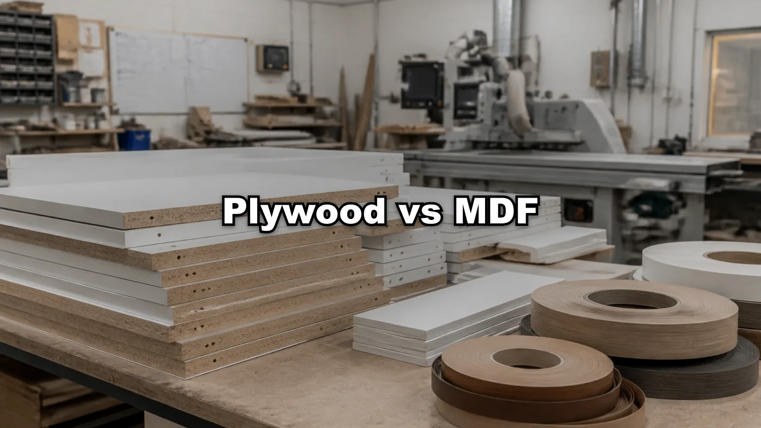 Plywood vs MDF cover — workshop photo with title overlay