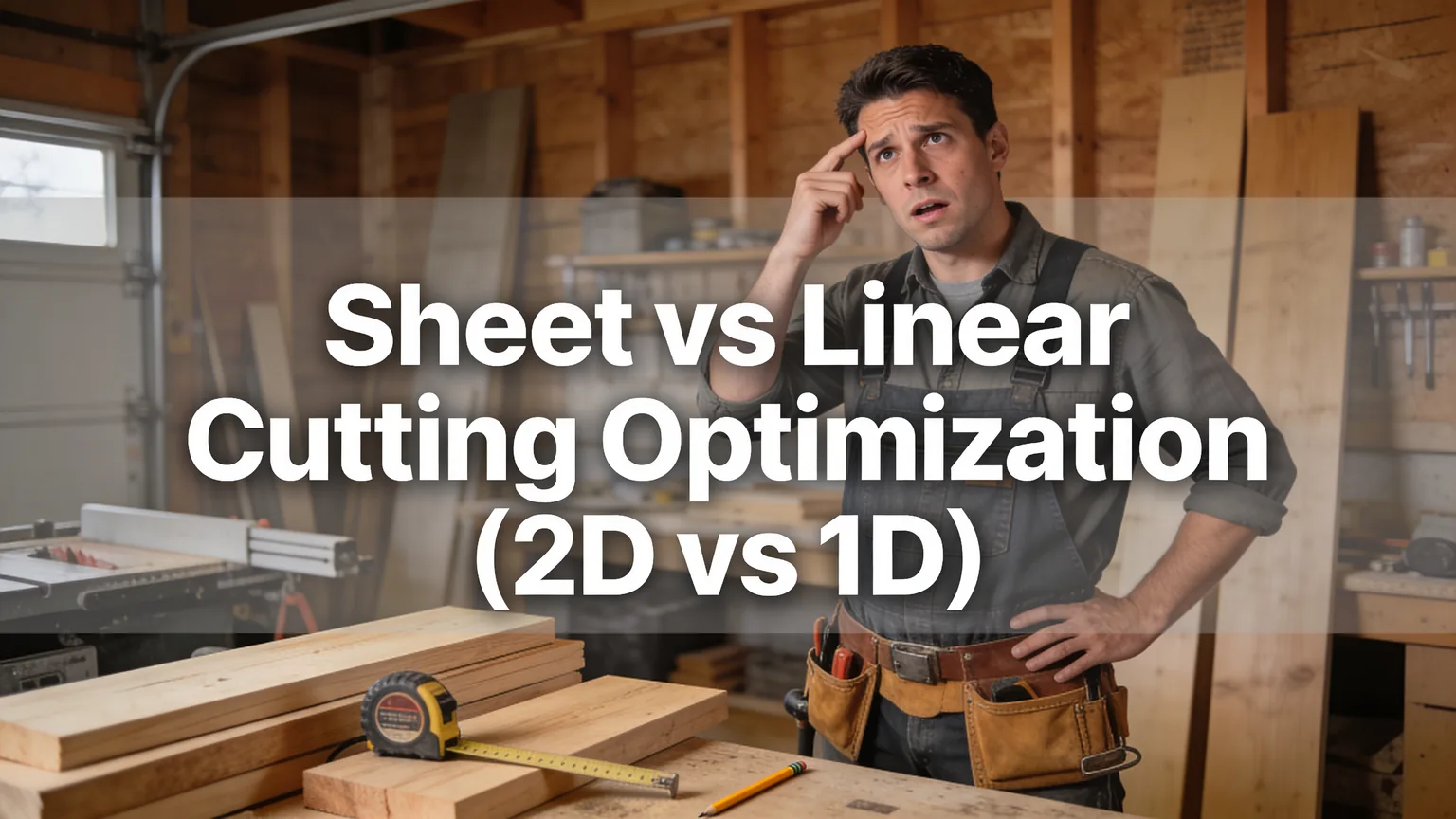 Woodworker comparing sheet and linear cutting optimization in a shop