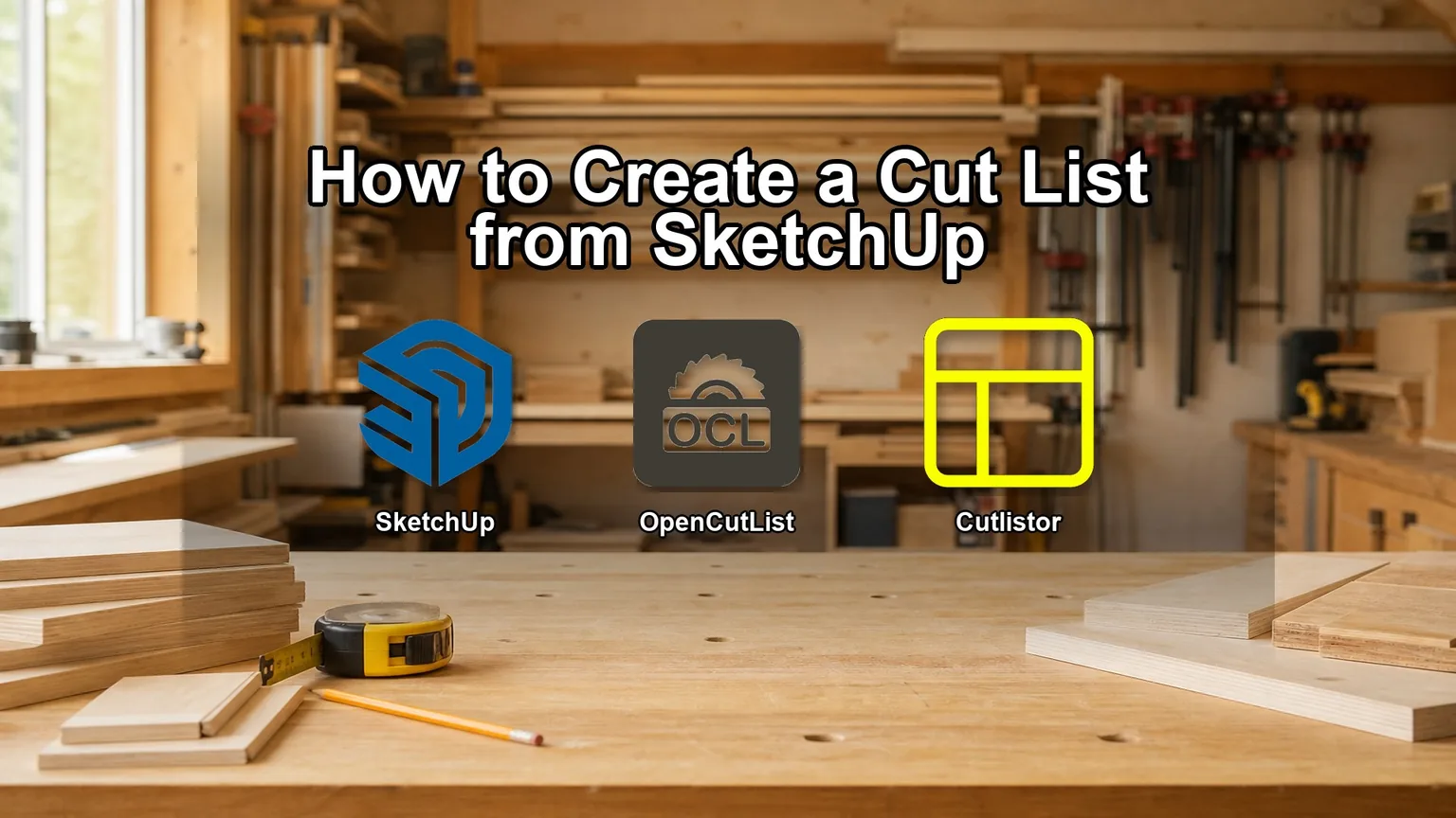 SketchUp, OpenCutList, and Cutlistor logos for how to make a cut list from SketchUp