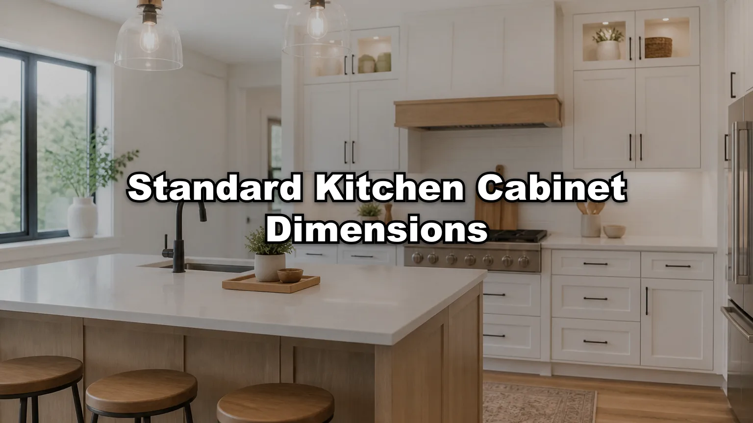 Standard Kitchen Cabinet Dimensions cover — workshop photo with title overlay