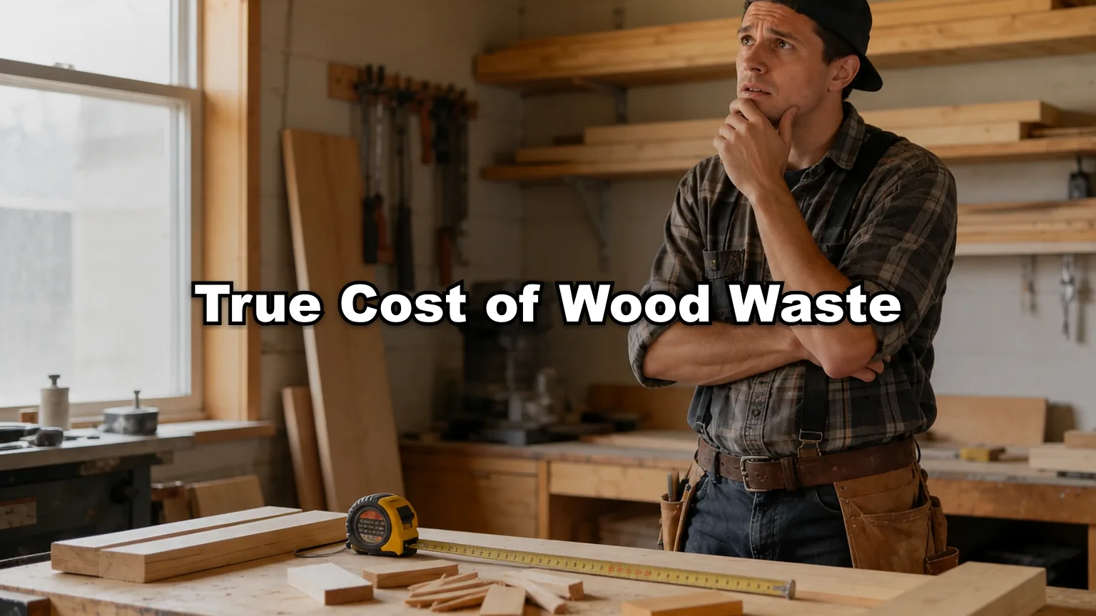 True Cost of Wood Waste cover — workshop photo with title overlay