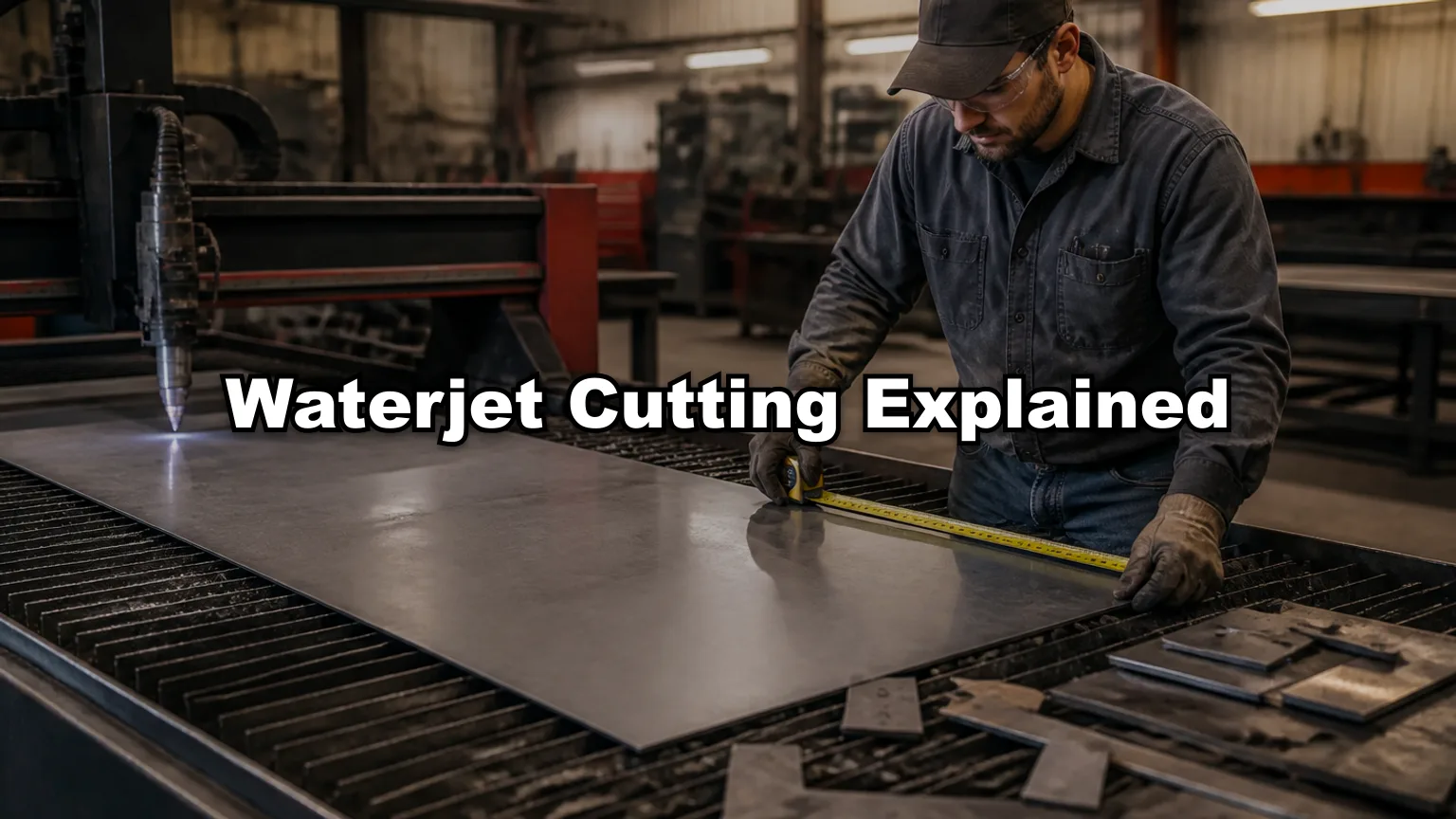 Waterjet Cutting Explained cover — workshop photo with title overlay