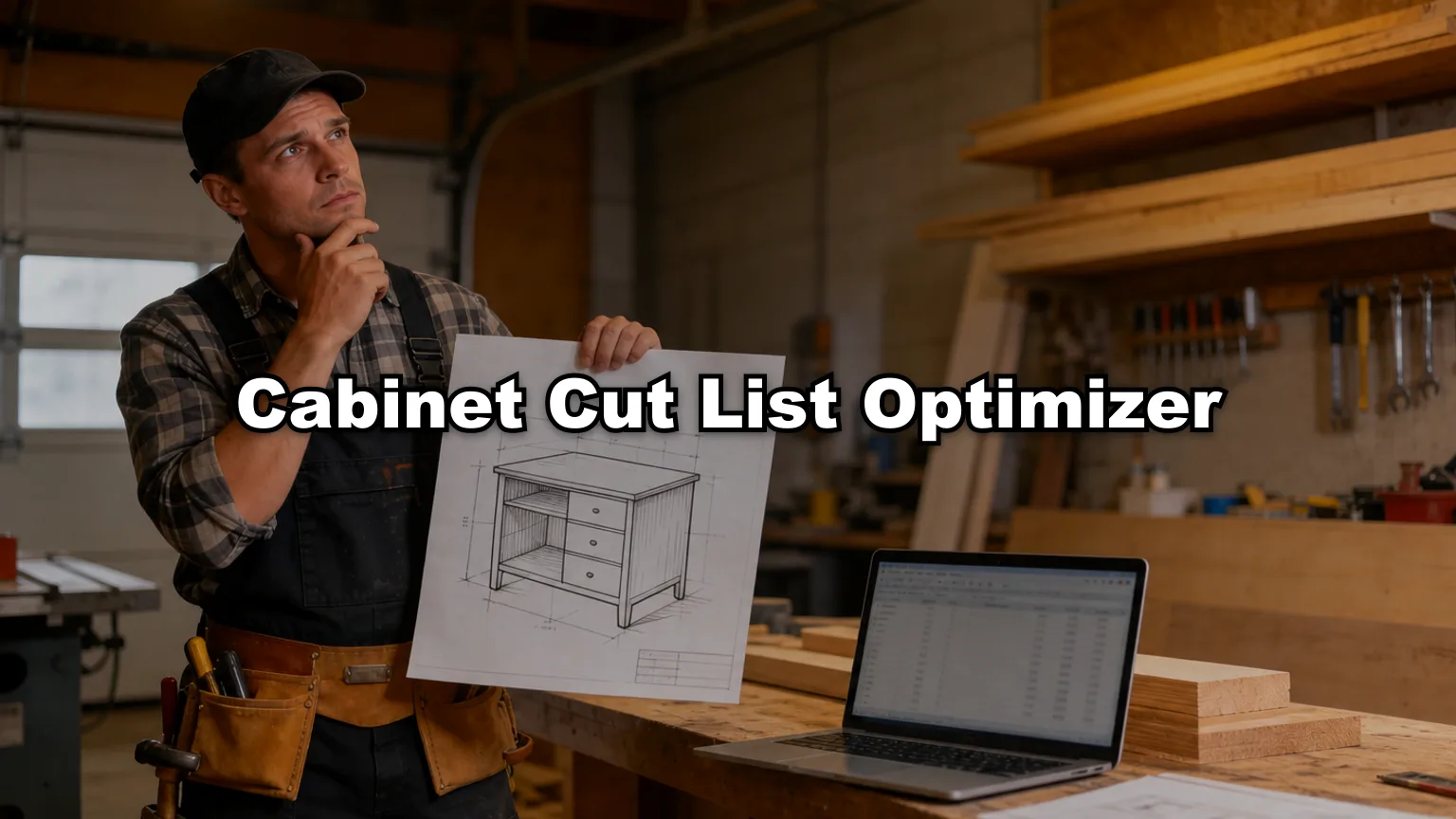 Cabinet Cut List Optimizer cover — workshop photo with title overlay