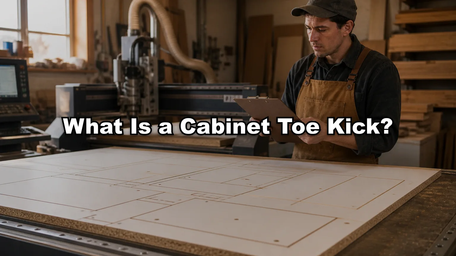 What Is a Cabinet Toe Kick? cover — workshop photo with title overlay