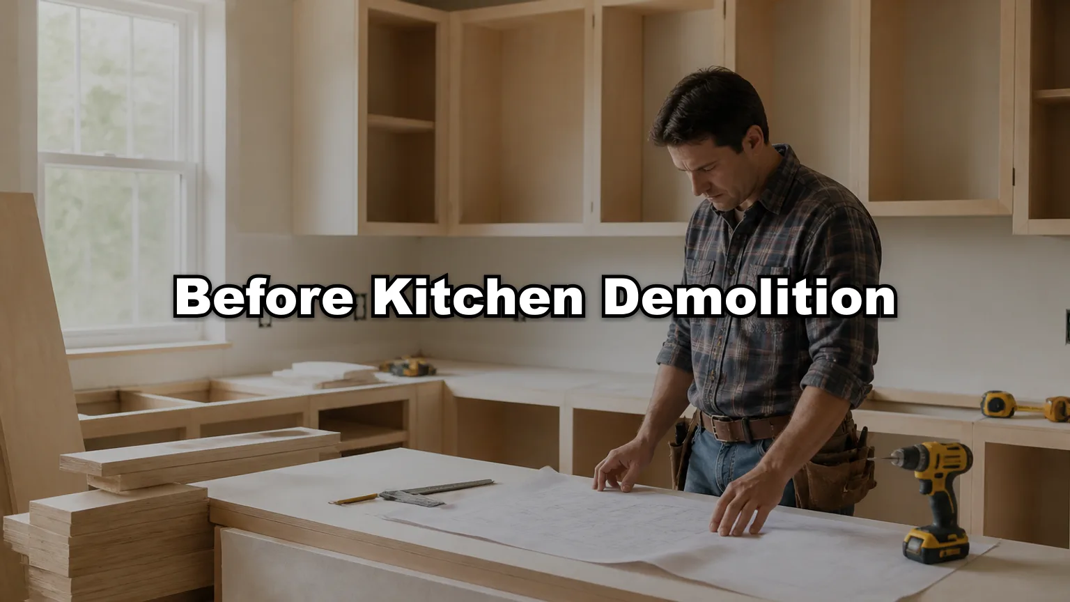 Before Kitchen Demolition cover — workshop photo with title overlay
