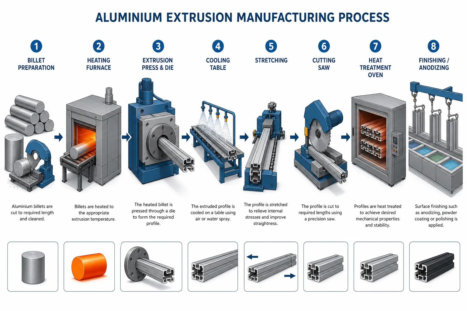 Diagram of the aluminium extrusion manufacturing process from billet to finished profile