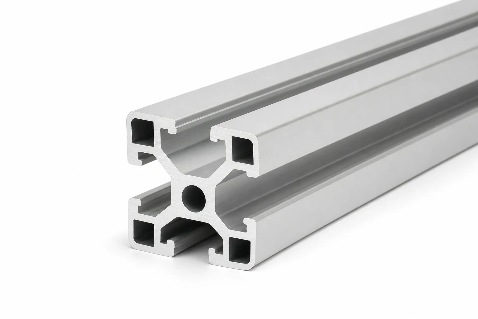 Silver anodized aluminium T-slot extrusion profile showing slot channels