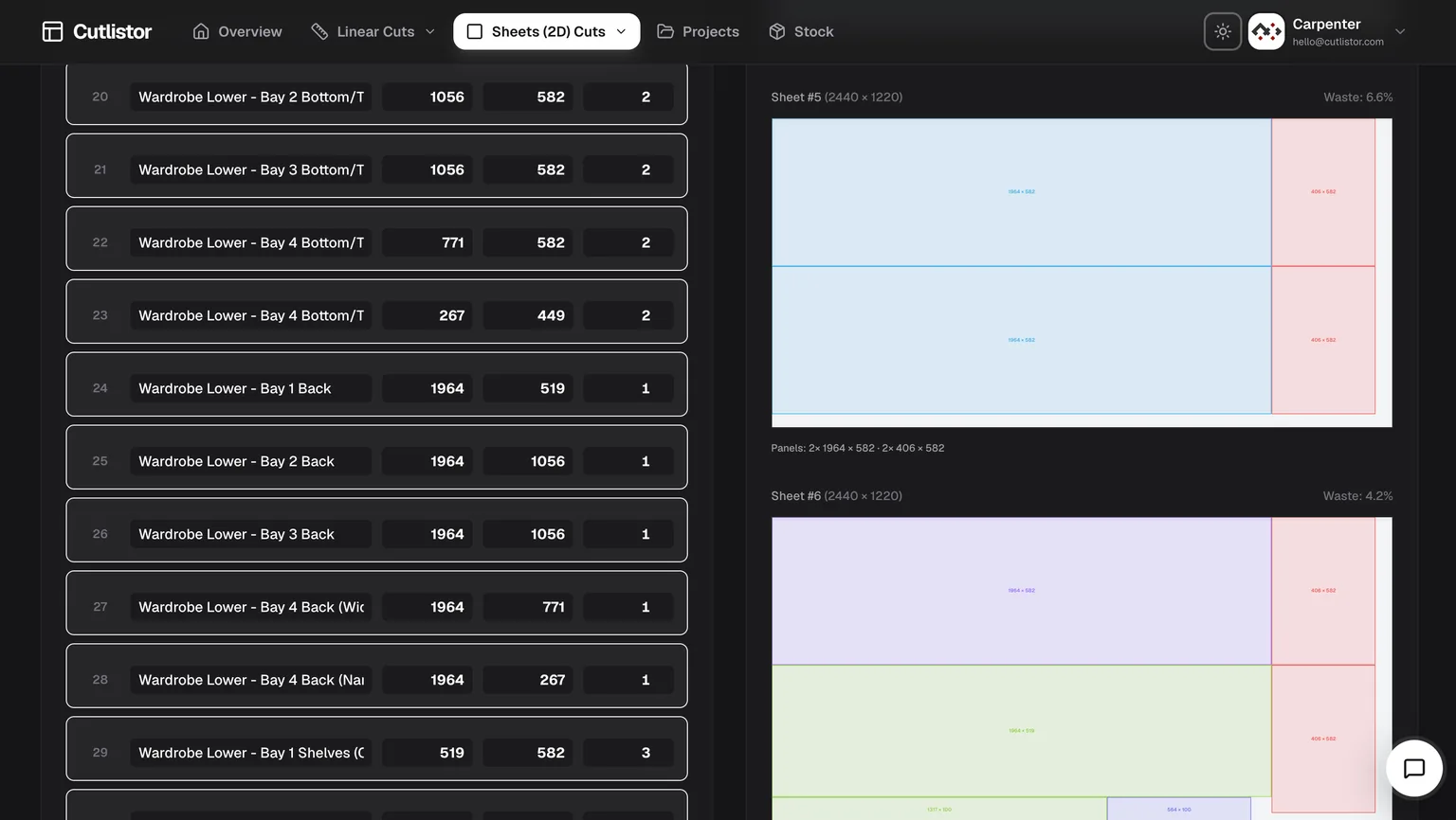 Cut list optimizer in dark mode with a panel nesting layout and cut list table