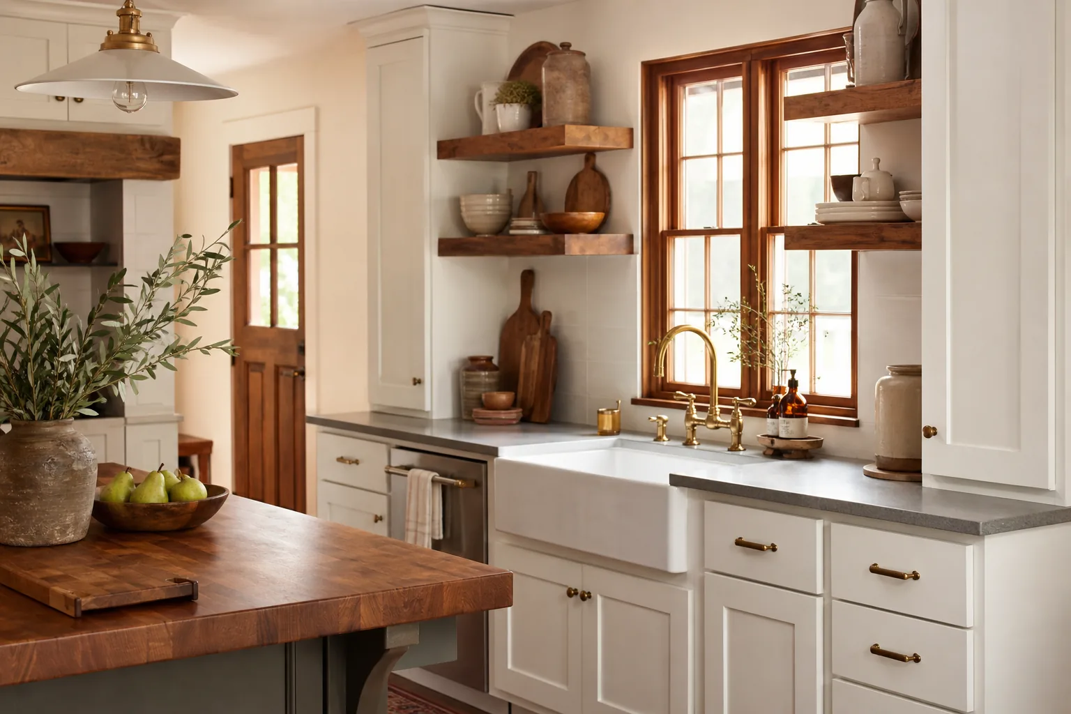 Farmhouse kitchen renovation with shaker cabinets, open shelving, and apron-front sink
