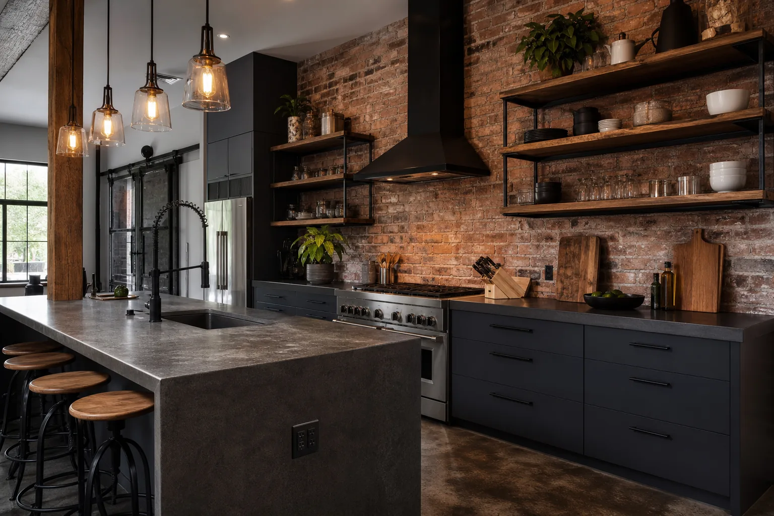 Industrial kitchen renovation with exposed brick, metal shelving, and matte black fixtures