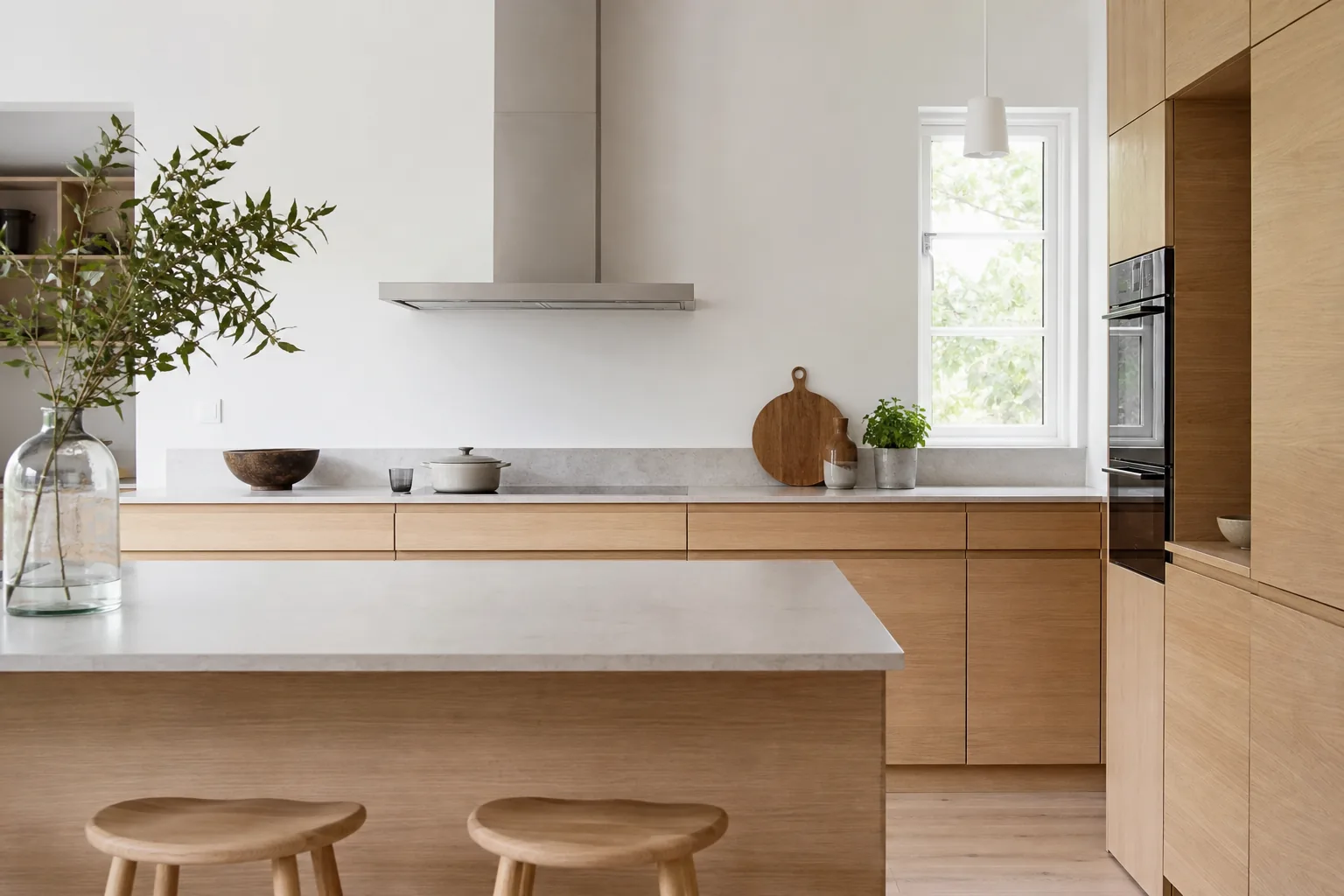 Scandinavian kitchen renovation with light oak cabinets and bright uncluttered surfaces