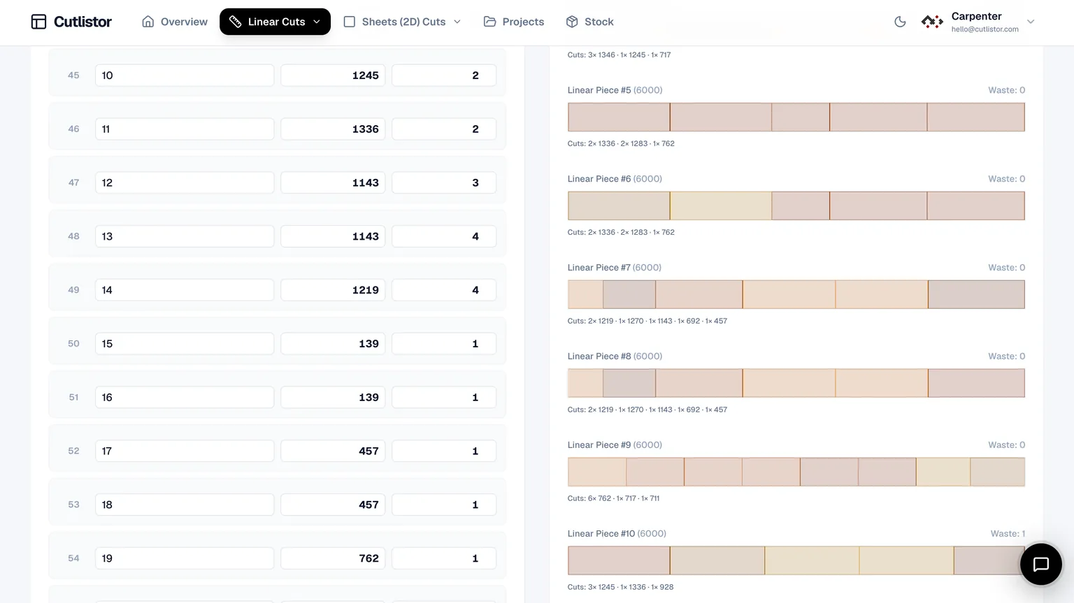 Linear cut list optimizer showing lengths cut from stock bars with remaining offcut per bar