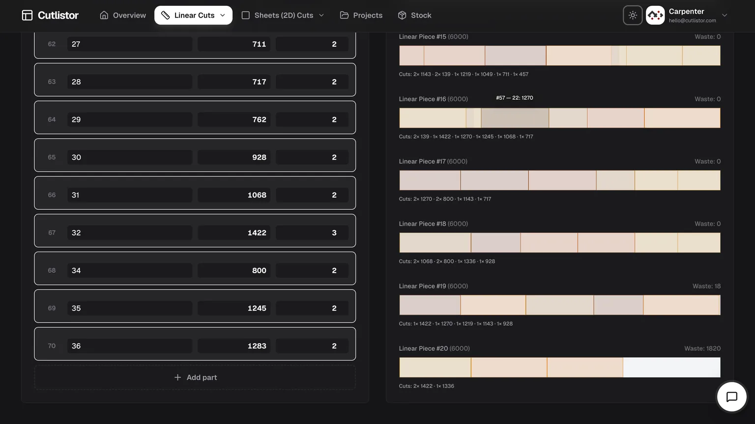 Linear 1D cutting optimizer in dark mode with stock bars and cut positions listed