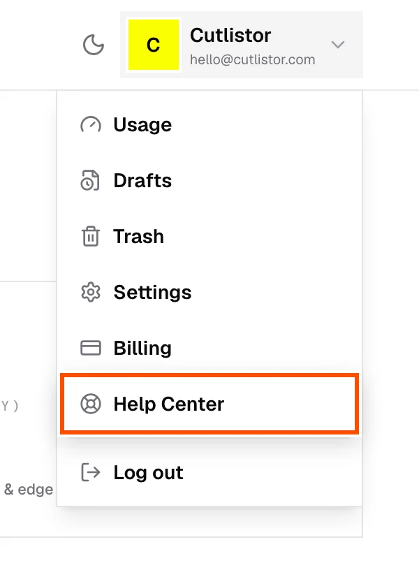 The account menu open, with Help Center highlighted