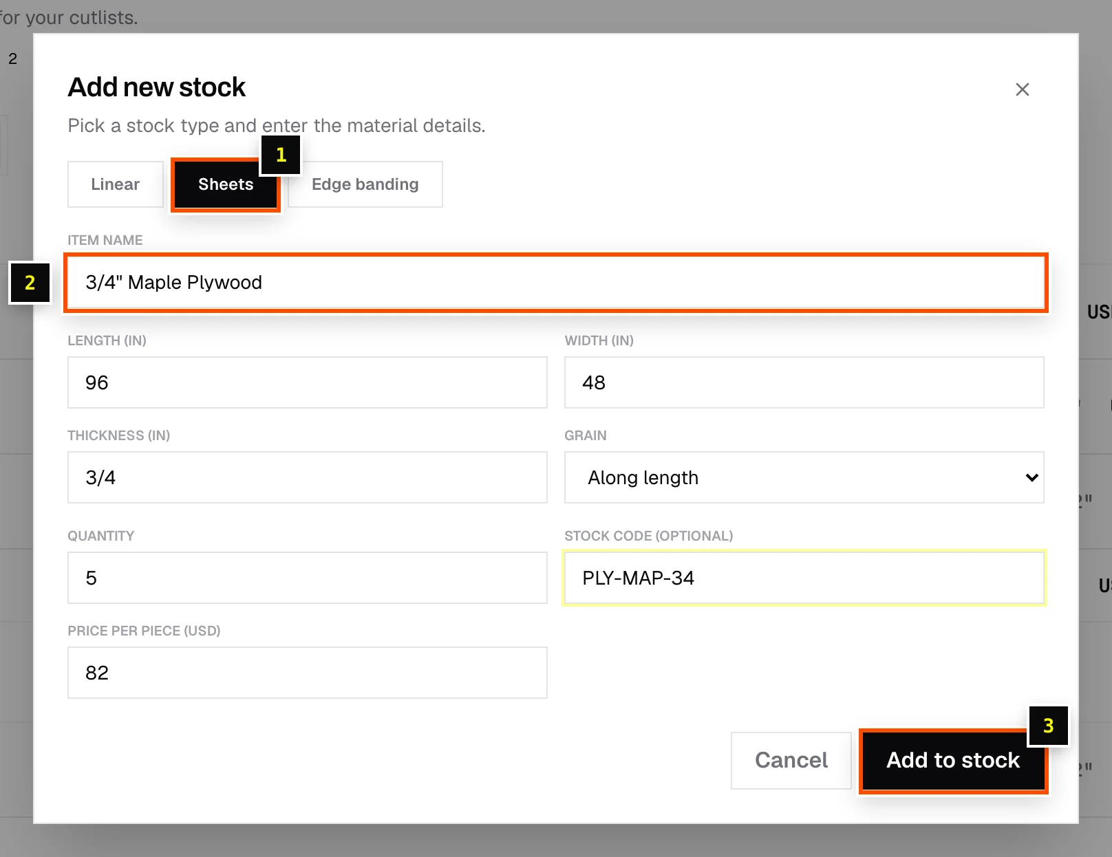 The Add new stock dialog filled in for 3/4″ maple plywood