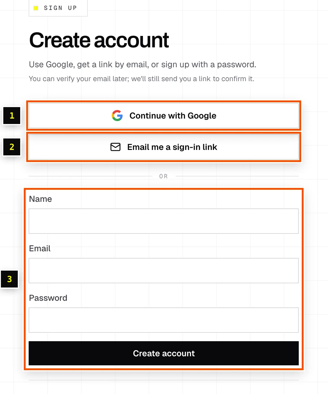 The Create account form with Google, email link and password options