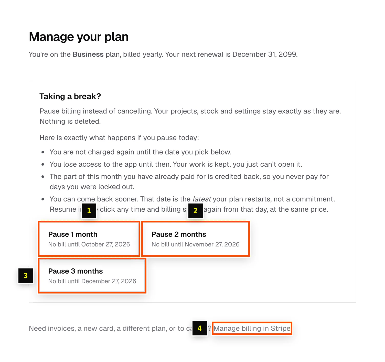 The Manage your plan page with pause options