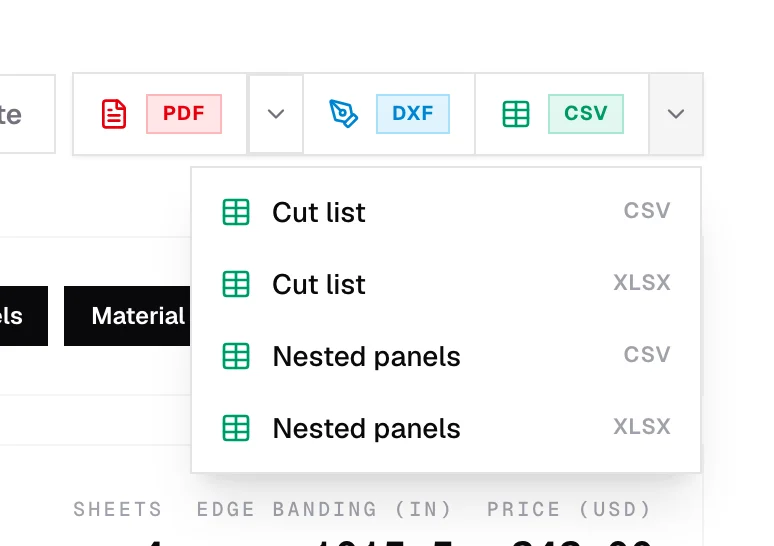 The table export menu: Cut list or Nested panels, as CSV or XLSX