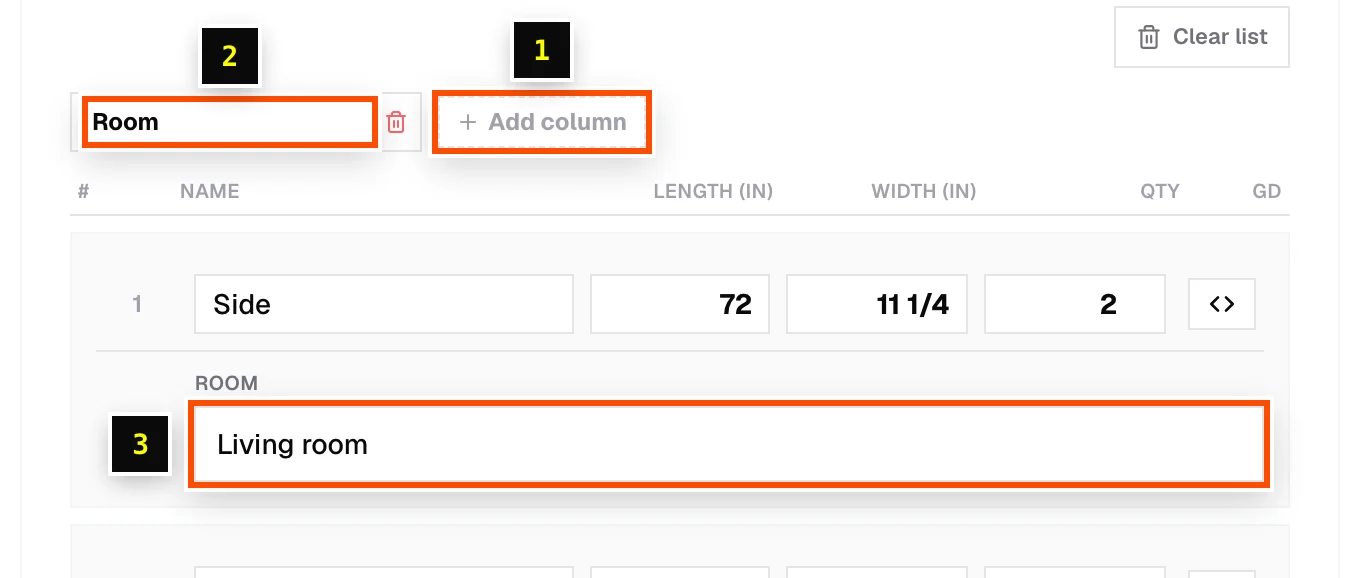 A custom Room column added to the parts table