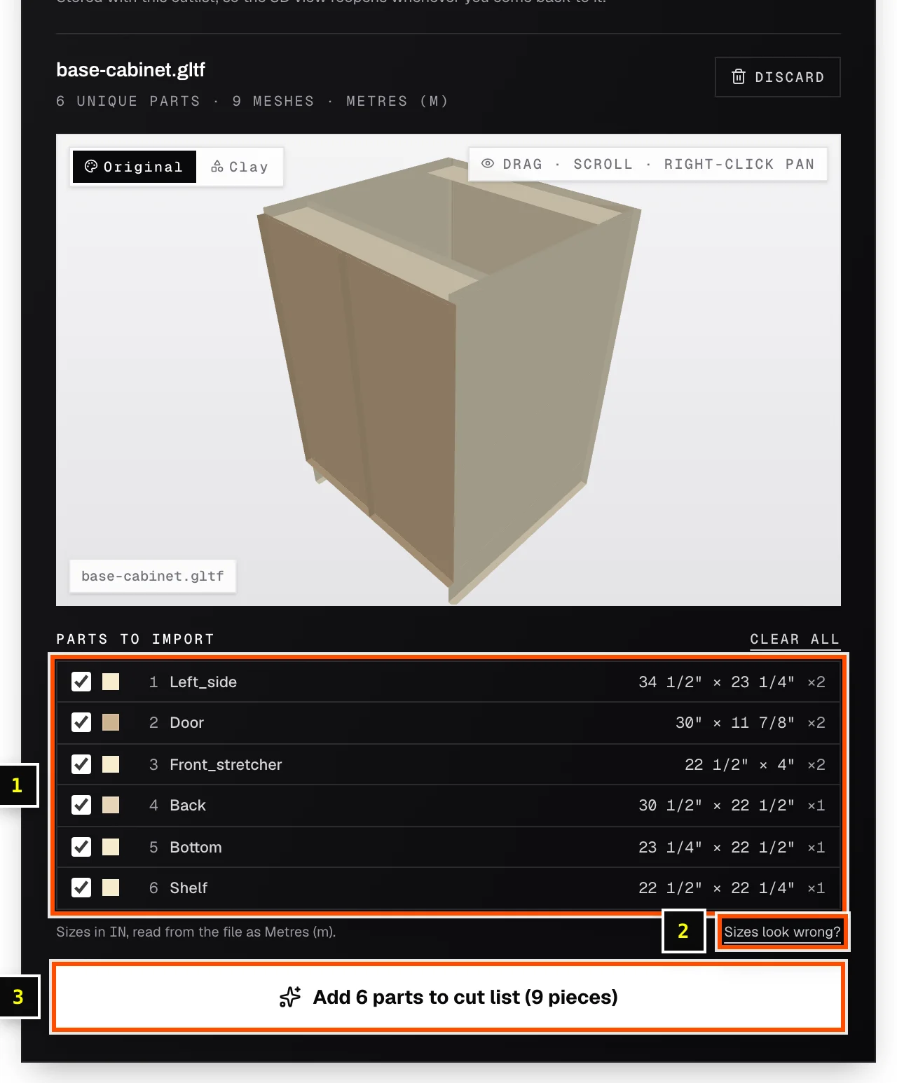 Reviewing a base cabinet model before import: 6 unique parts, 9 pieces