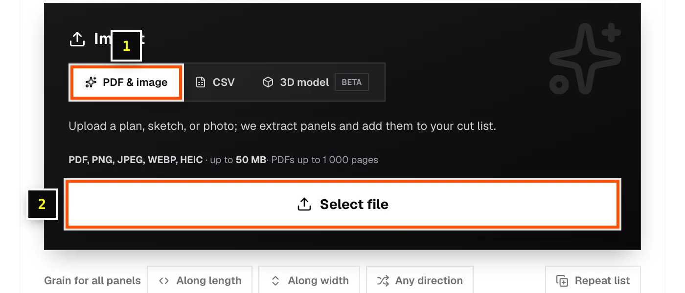 The PDF & image import tab