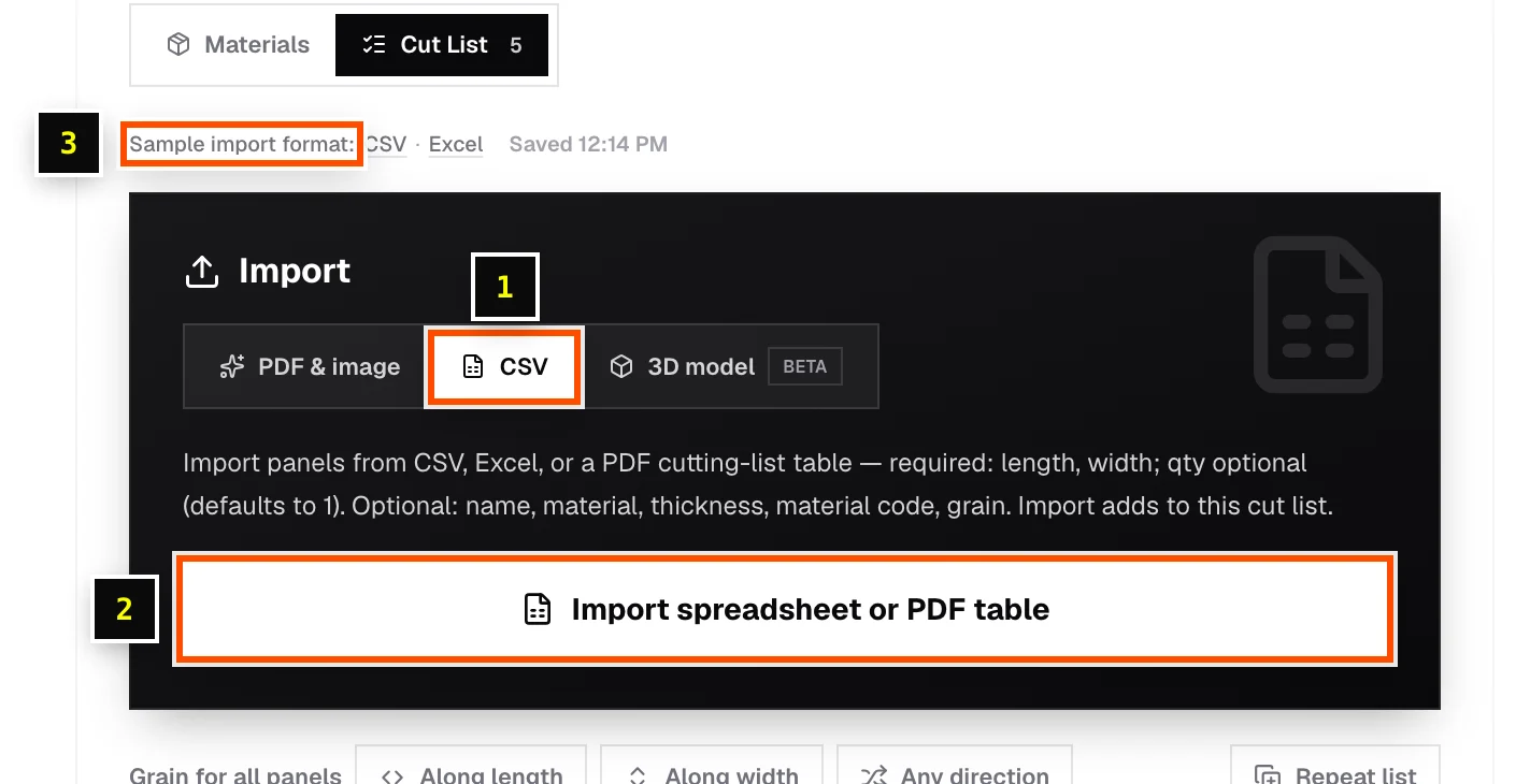 The Import card with the CSV tab selected
