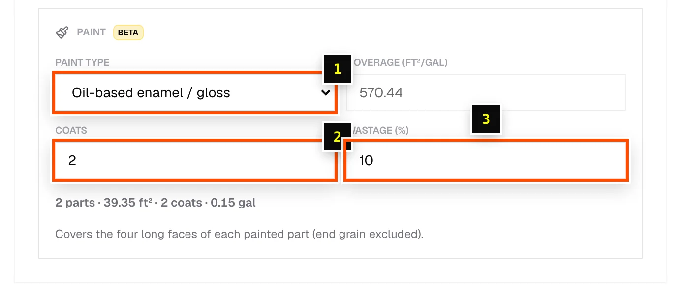 Paint settings: oil-based enamel, 2 coats, 10% wastage
