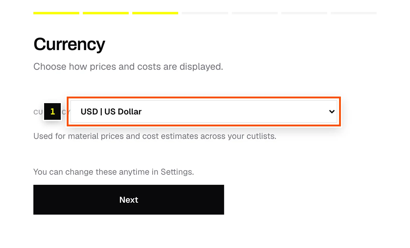The Currency step set to USD
