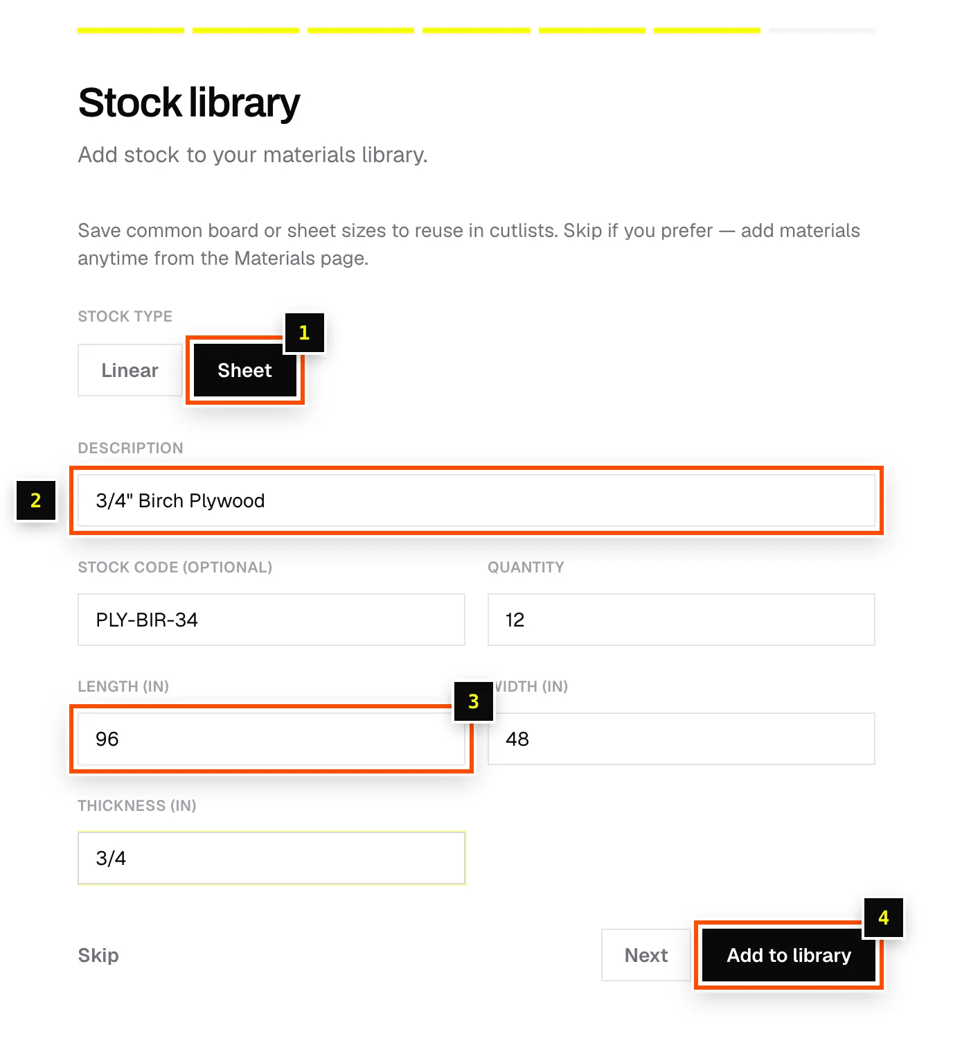 The Stock library step adding 3/4 inch birch plywood
