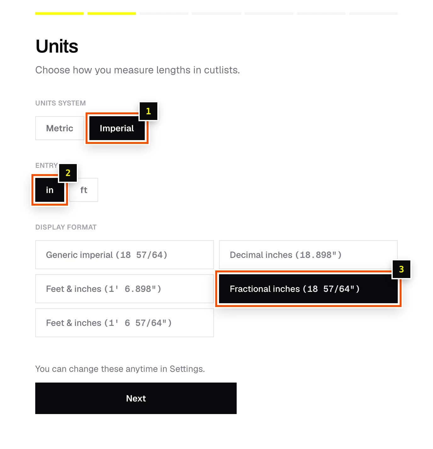 The Units step of the setup wizard with Imperial, inches and Fractional inches selected