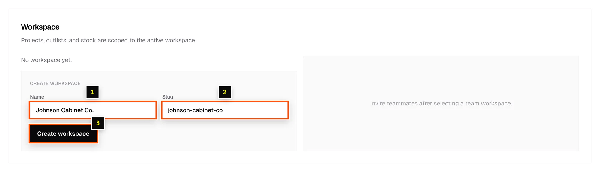 Workspace settings with the Create workspace form filled in