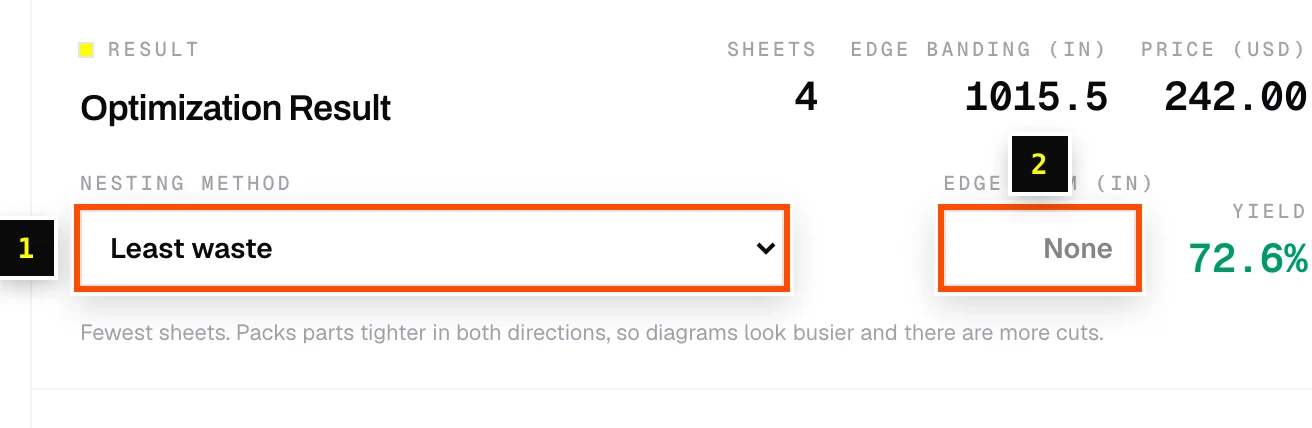 The Nesting method dropdown and Edge trim in the results panel