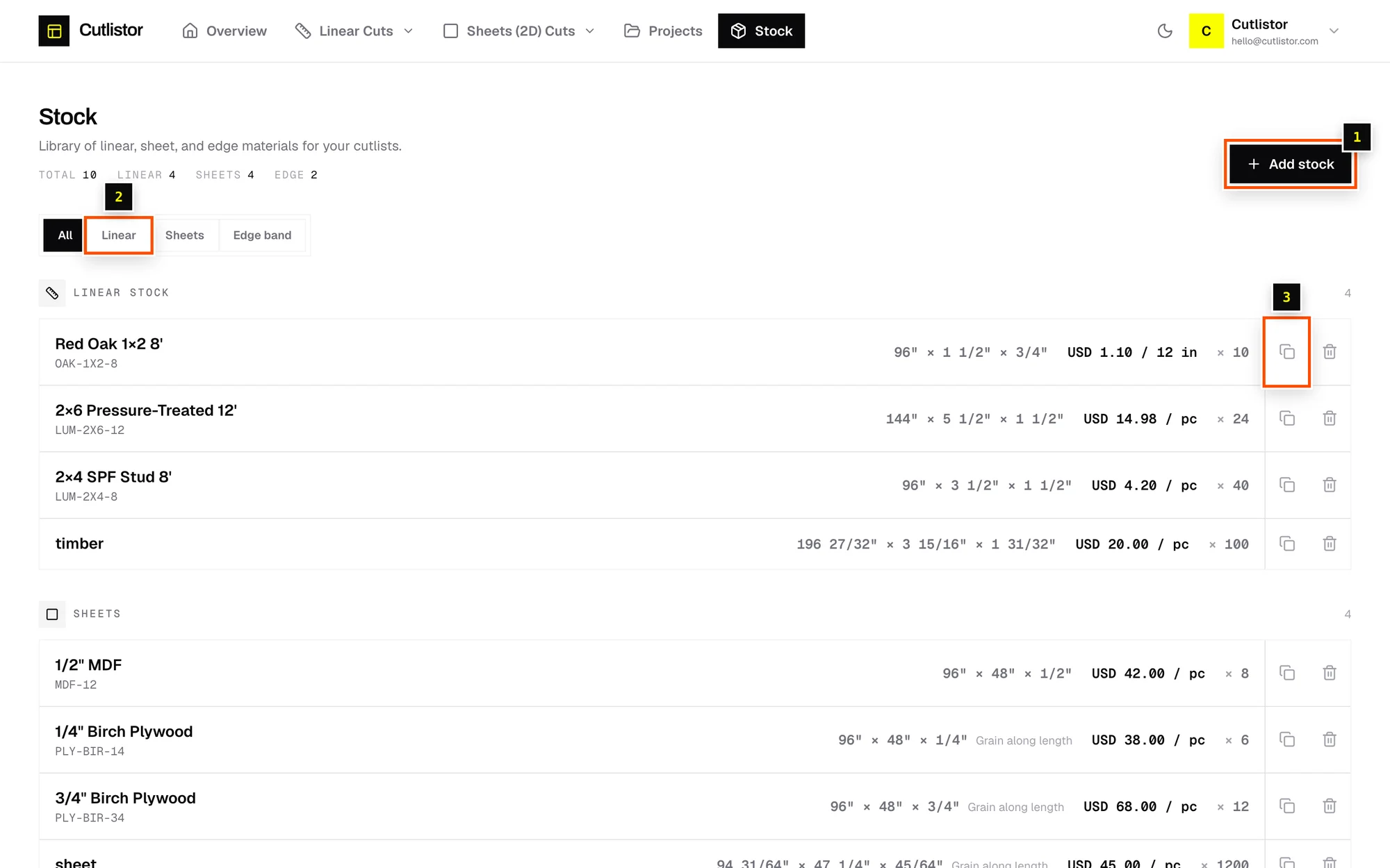 The Stock page listing lumber, sheet goods and edge banding